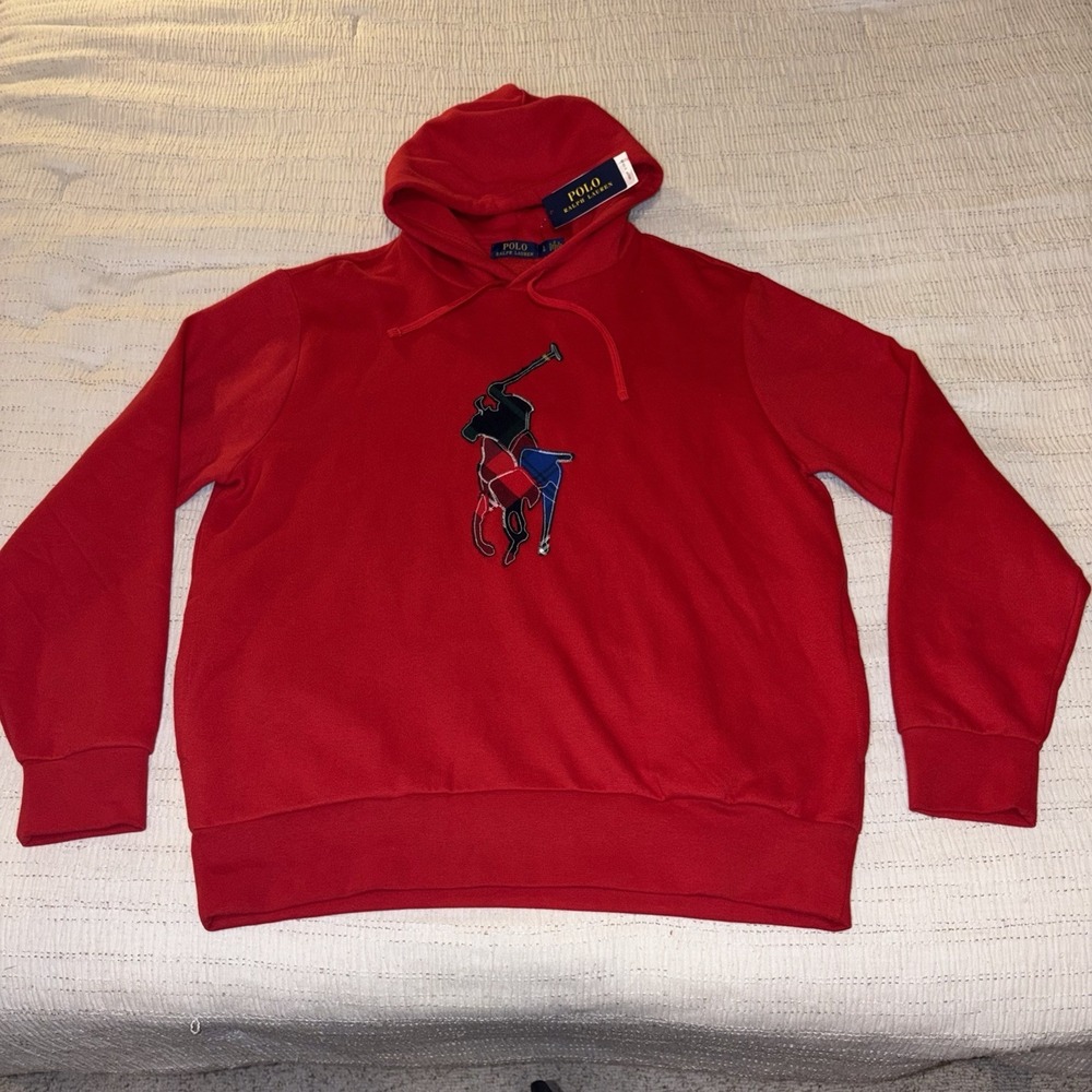 Polo Ralph Lauren Big Pony Hoodie Mens Large Red Pullover Sweatshirt Fleece Logo